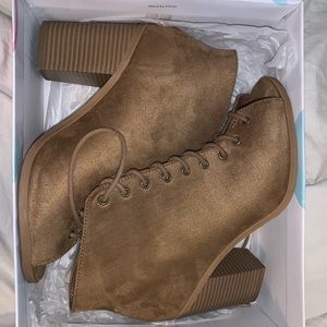Brown peep toe heel tie up boots